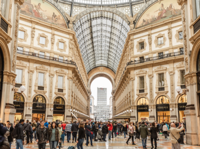 Arcaded passage of the Galleria with cafés and  shoppers
