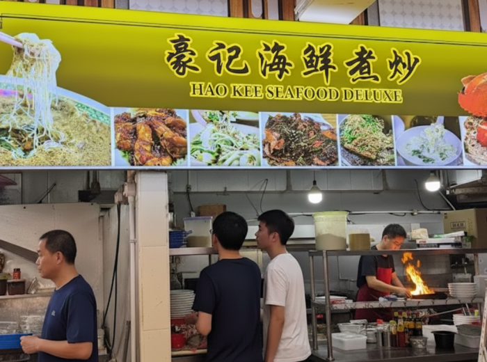 A Zi Char stall with the chef preparing food and people bustling about
