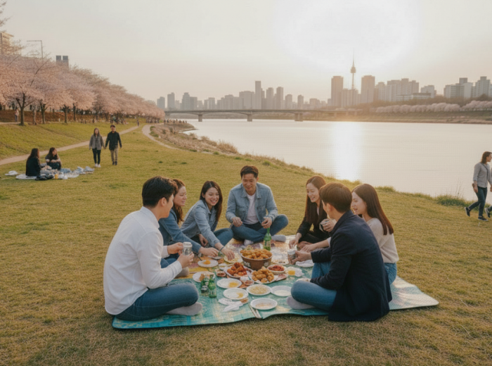 Friends having a fried chicken picnic next to the Han River