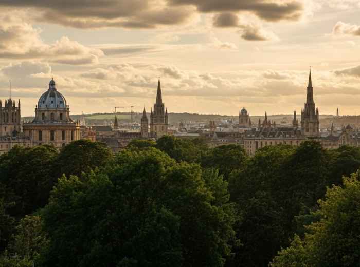 Oxford skyline view from St Mary’s tower at golden hour