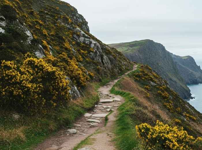 Quiet cliff path at Howth Head with blooming gorse