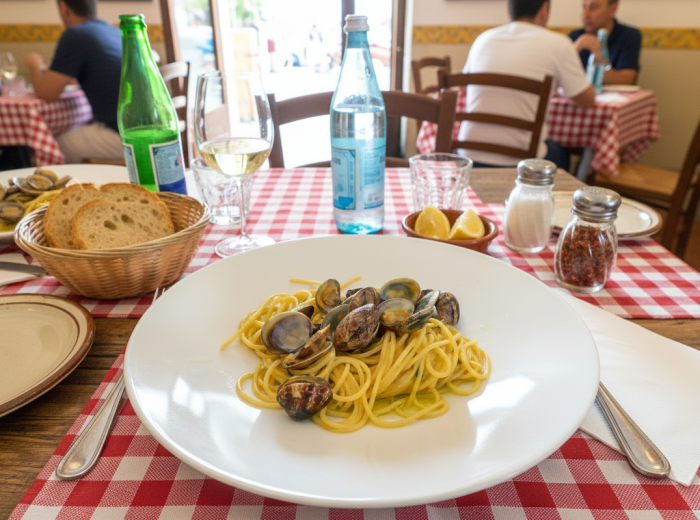 Spaghetti alle vongole and fisherman's fry at Trattoria da Emilia by the sea