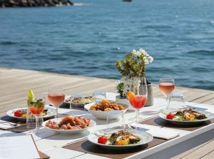 Waterfront table with menu and wine on Sorrento’s flat marina boardwalk