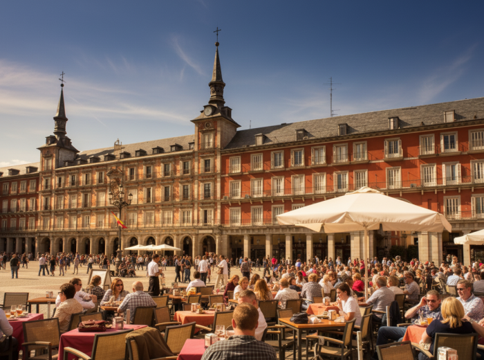 Plaza in late afternoon with people sitting at café tables