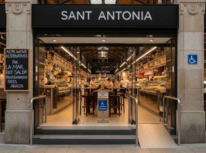 Bar entry with small step and alternative ramp sign