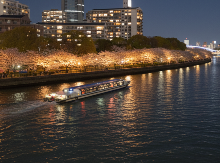 Spotlit sakura reflecting in the Okawa River from our slow-moving cruise boat