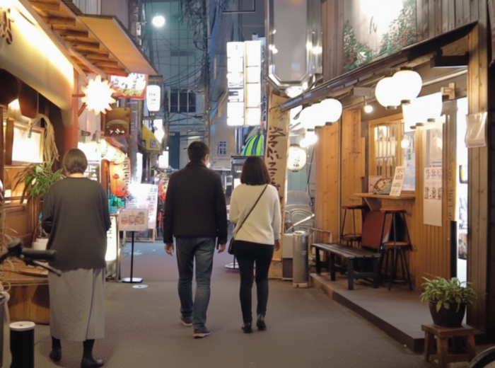 Walking with a local guide through a Namba alley with lantern glow