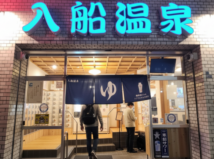 Irifune Onsen at night, this place is actually tattoo friendly and just friendly in general