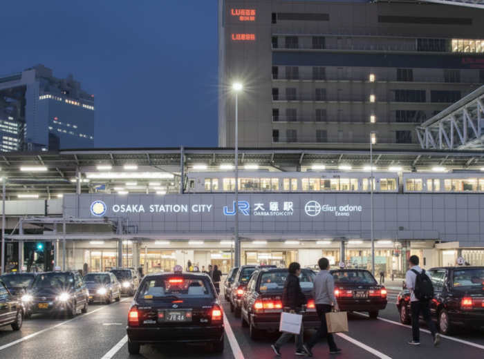 Outside Osaka Station City with taxies waiting for commuters