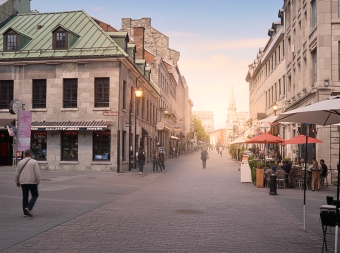 Sunrise on Old Montreal cobblestones with café chairs