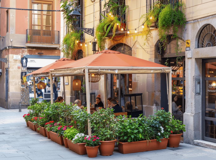 Outdoor café tables in a leafy plaza