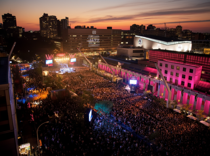 Free outdoor stage with lit fountains and crowd