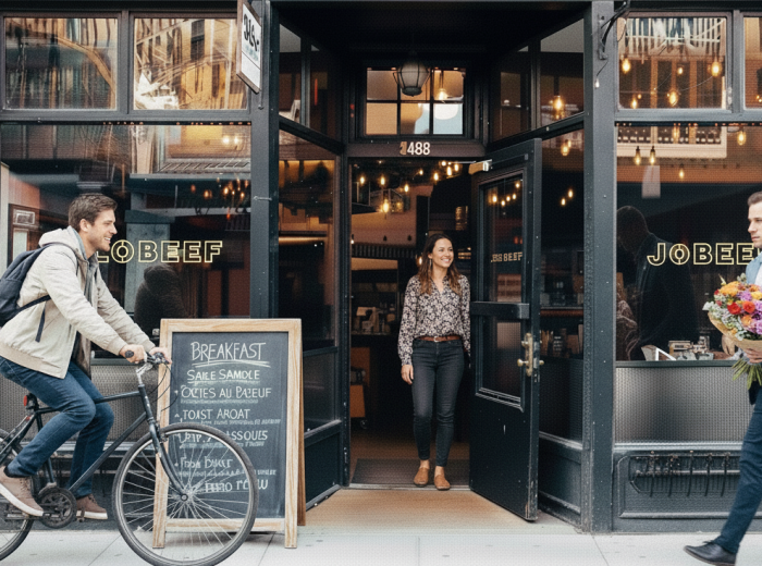 Warm bistro windows on a Little Burgundy side street