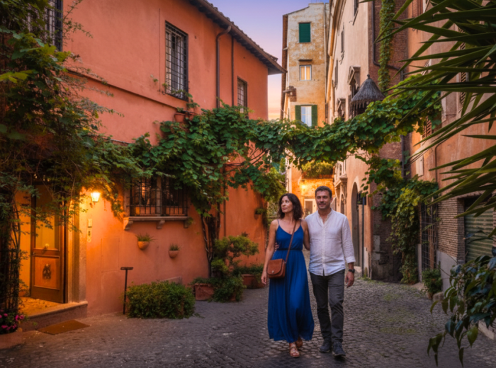 Trastevere at dusk, cobbled lanes near Santa Maria