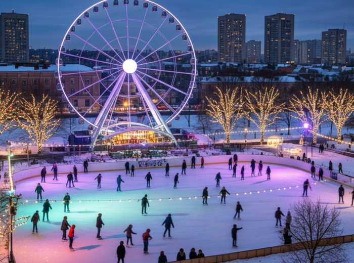 Skaters circling the Old Port rink with old buildings