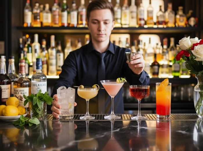 Bartender mixing cocktails at a low-lit bar