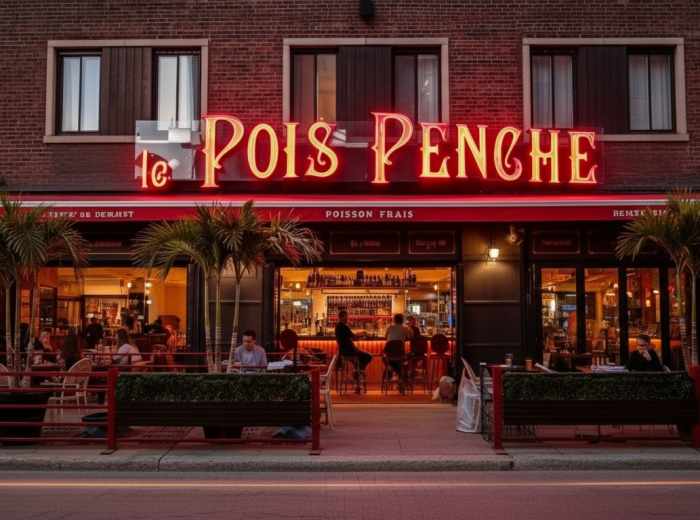Le Pois Penché facade glowing at dusk