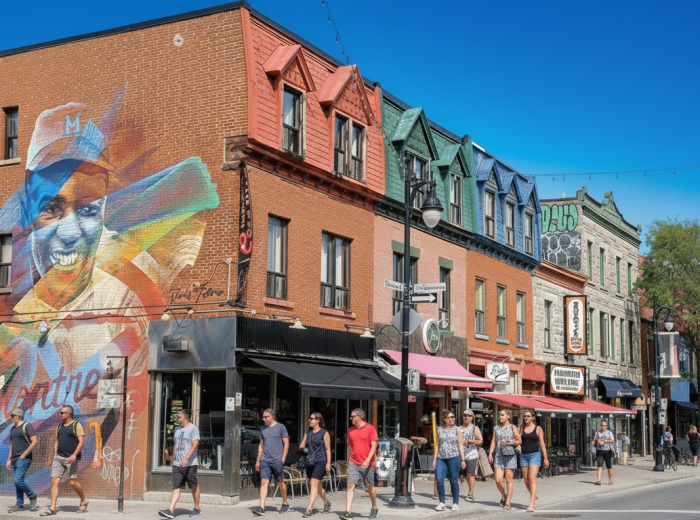 Plateau street with murals, cafés, and independent shop