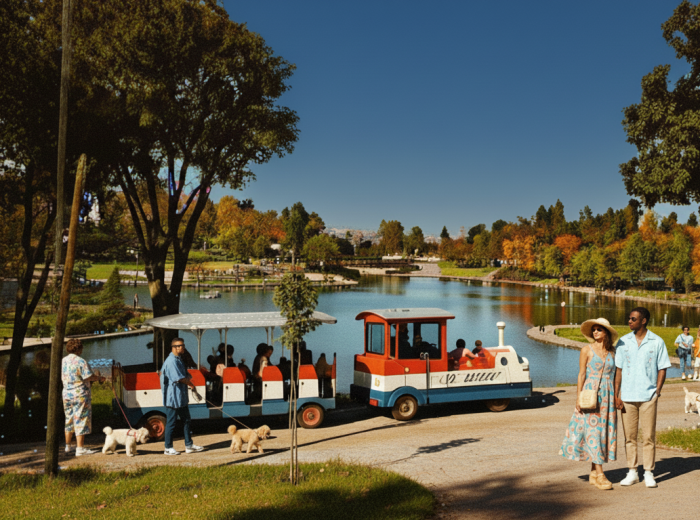 Families on Beaver Lake lawn under clear sun
