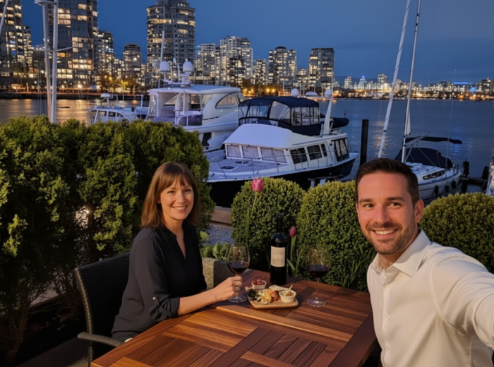 Granville Island waterfront restaurant at night