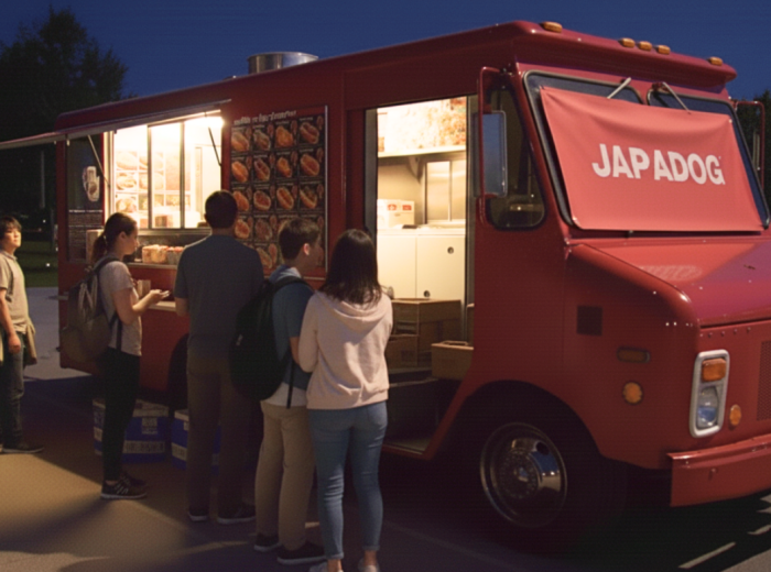 The Japadog food truck at night preparing teriyaki dog