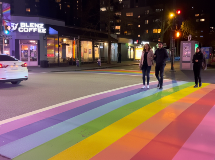 Davie Street at night with rainbow crosswalk and neon signs