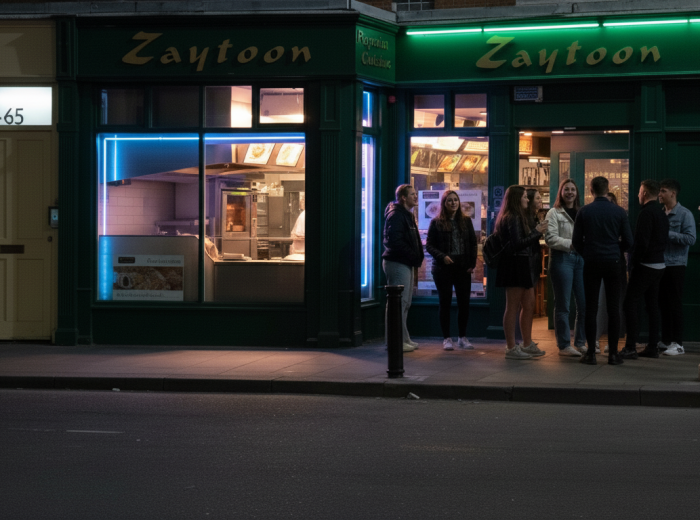 Zaytoon late-night queue, neon signs glowing
