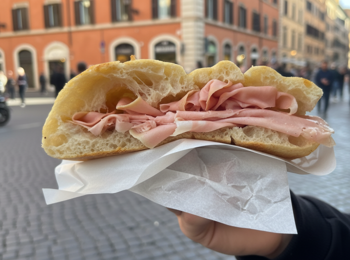 Someone holding a slice of pizza bianca with mortadella on a Roman street