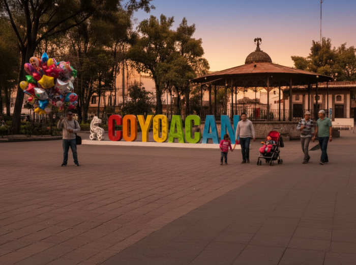 Evening scene in Plaza Hidalgo, Coyoacán with families