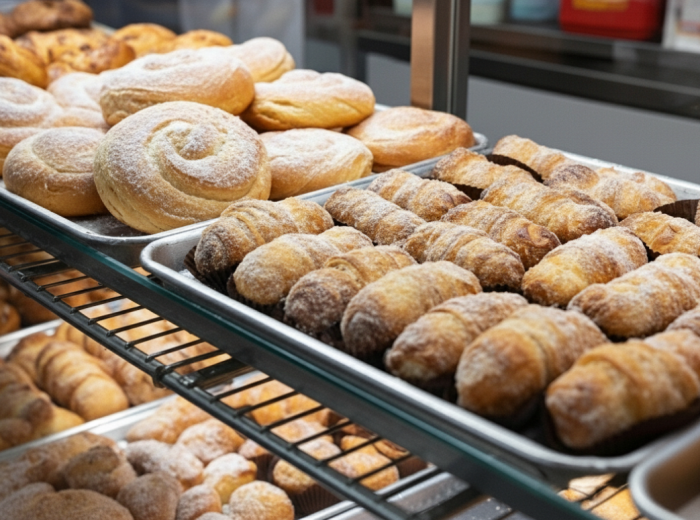 Pastry case with xuixos and ensaimadas