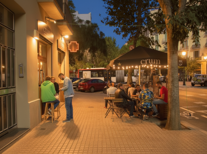 Night street in Sant Antoni with warm bar light