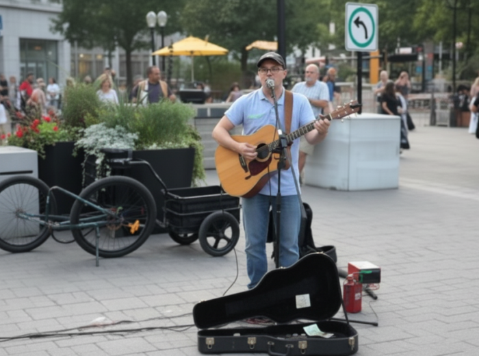 Busker performing in Place Jacques-Cartier, Old Montreal