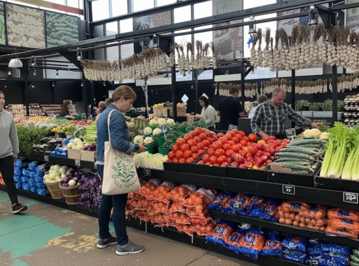 Market shoppers choosing fresh spring vegetables at Jean-Talon Market