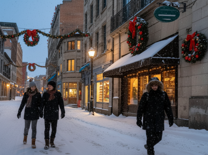 People walking through snowy Old Montreal on a winter evening