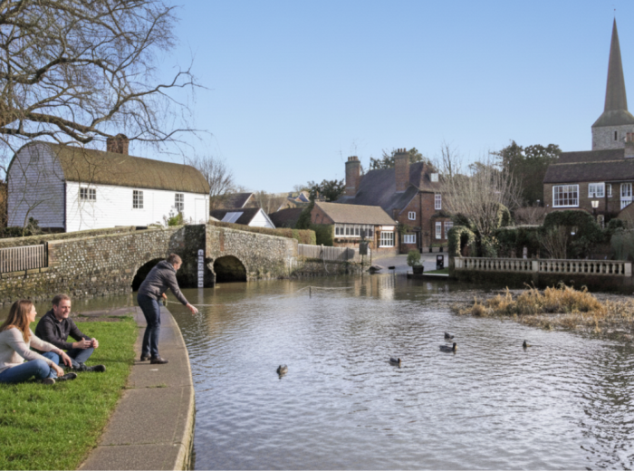 River ford and stone bridge in Eynsford on a clear day