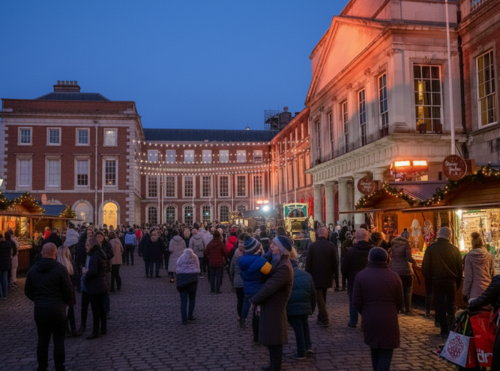 Dublin Castle courtyard leading toward Liberties market stalls