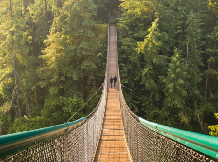 Lynn Canyon suspension bridge in morning light with lush forest