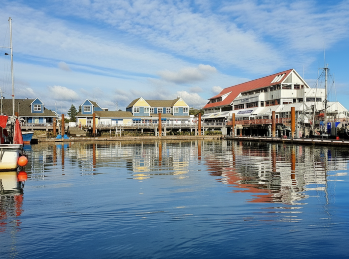 Steveston fishing boats at dock with heritage buildings