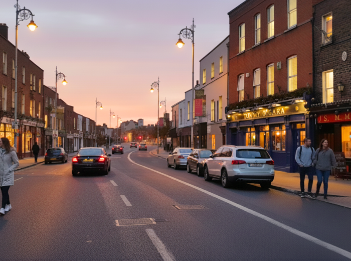 Stoneybatter street at dusk, cozy pub light spilling onto pavement