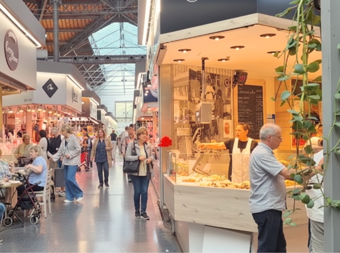 Sunlit aisle in Mercat de Sant Antoni