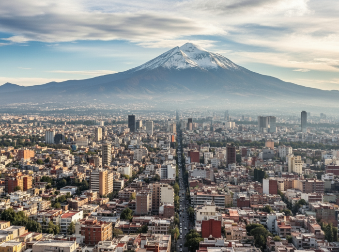 Clear morning view of Popocatépetl volcano from Paseo de la Reforma