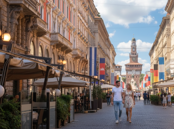 Couple walking through centro storico 