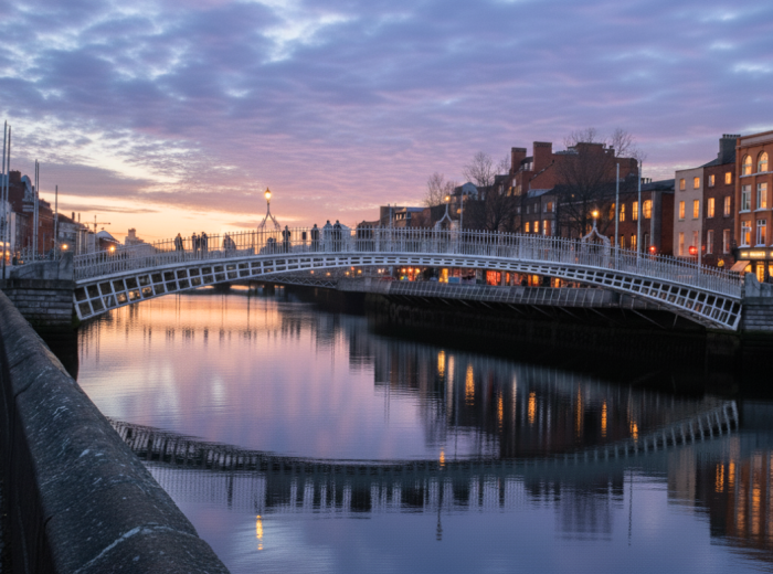 Twilight over the River Liffey with reflections from city lights