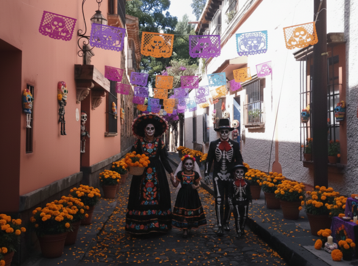 Marigold petals scattered on Coyoacán cobblestones at dusk