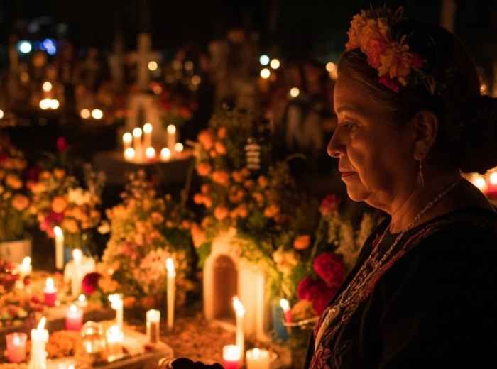 November sunset over Mexico City with altar candles in foreground