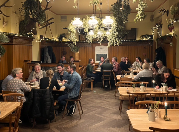 Interior of Gasthaus Weinbauer, where traditional Bavarian food is served in a cozy atmosphere