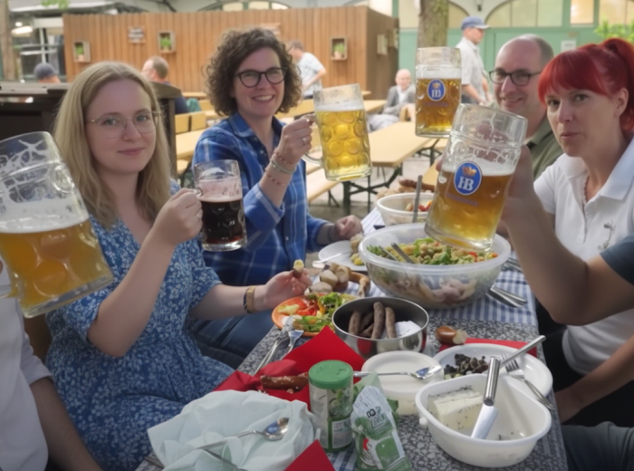 Friends sharing beer at a Munich beer garden