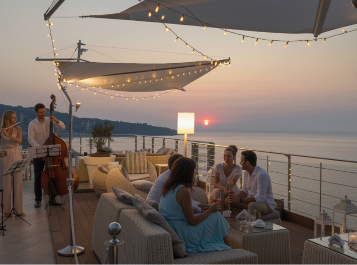 Small trio playing on a hotel terrace with bay lights
