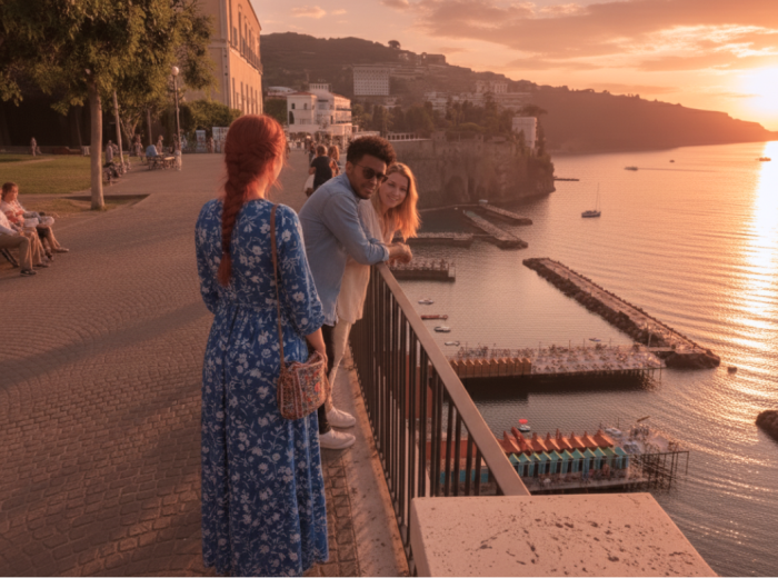 People quietly watching sunset from Villa Comunale