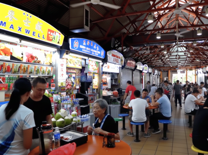 Busy lunch crowd at Maxwell Food Centre